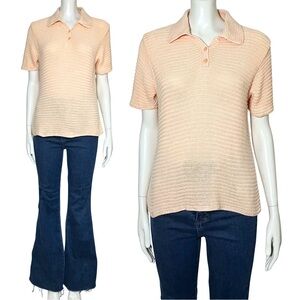 Vintage 80s Liz Claiborne Peach Linen Cotton Blend Knit Polo. S/M. Preppy Retro